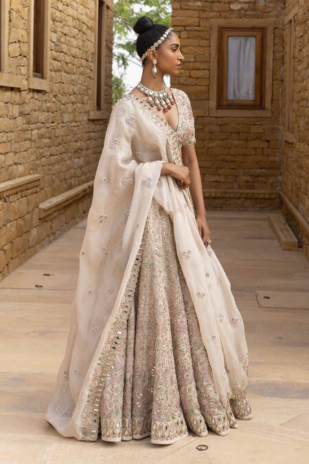 Shop_Arpita Mehta_Ivory Silk, Organza Mirrors, Beads, Floral Thread Embroidered Bridal Lehenga Set_Online_at_Aza_Fashions