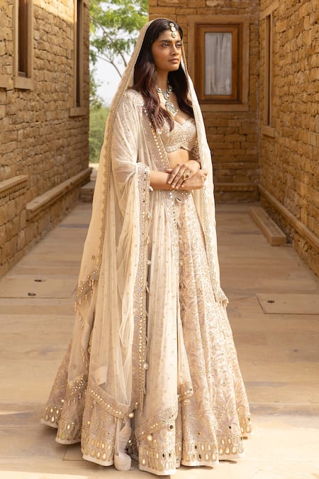 Buy_Arpita Mehta_Ivory Organza, Net Mirrors, Cut Work, Floral Jaal Embroidered Bridal Lehenga Set_Online_at_Aza_Fashions