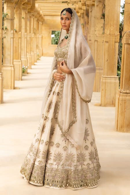 Buy_Arpita Mehta_Ivory Net, Organza Mirrors, Zari, Embroidery, Cut Palm Tree Bridal Lehenga Set_Online_at_Aza_Fashions
