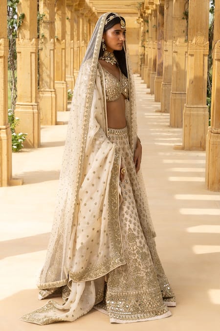 Arpita Mehta_Ivory Net, Organza Mirrors, Zari, Cut Work Floral Thread Bridal Lehenga Set_Online_at_Aza_Fashions