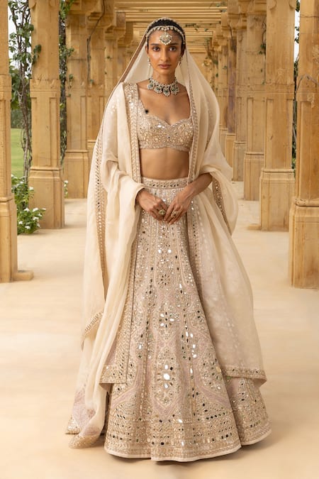Arpita Mehta Ivory Organza Hand Embroidered Mirror Mughal Bridal Lehenga Set For Women