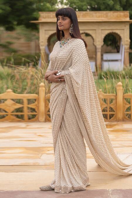 Arpita Mehta_Ivory Georgette Mirrors, Beads, Cut Emboidered Pre-draped Saree And Blouse Set_Online_at_Aza_Fashions