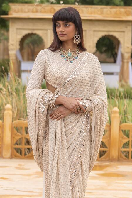 Shop_Arpita Mehta_Ivory Georgette Mirrors, Beads, Cut Emboidered Pre-draped Saree And Blouse Set_Online_at_Aza_Fashions