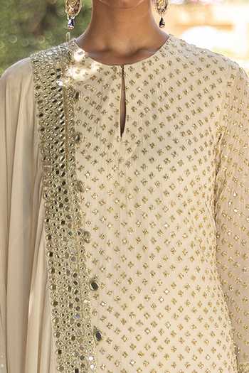 Arpita Mehta_Ivory Georgette, Cotton Satin Mirrors, Zari, Cut And Thread Embroidered Kurta Set _Online_at_Aza_Fashions