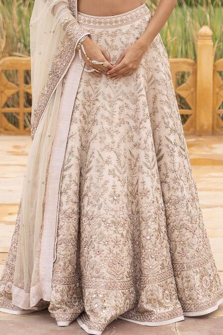 Arpita Mehta Ivory Net, Organza Beads, Mirrors Floral Embroidered Bridal Lehenga Set Online at Aza Fashions Arpita Mehta_Ivory Net, Organza Beads, Mirrors Floral Embroidered Bridal Lehenga Set_Online_at_Aza_Fashions