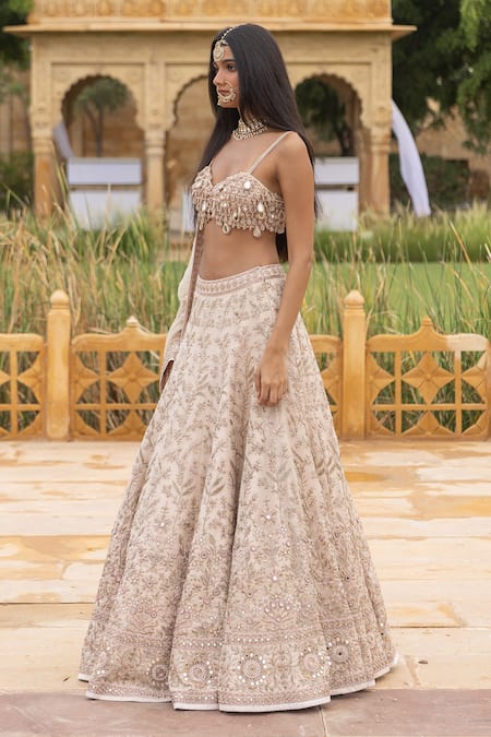 Shop_Arpita Mehta_Ivory Net, Organza Beads, Mirrors Floral Embroidered Bridal Lehenga Set_Online_at_Aza_Fashions