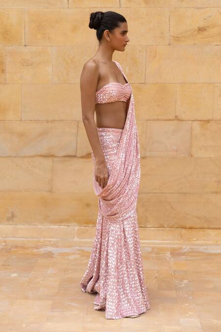 Buy Arpita Mehta Pink Georgette Sequins, Mirrors, Cut Embroidered Pre-draped Saree With Blouse Online at Aza Fashions Buy_Arpita Mehta_Pink Georgette Sequins, Mirrors, Cut Embroidered Pre-draped Saree With Blouse_Online_at_Aza_Fashions