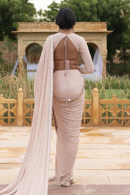 Shop Arpita Mehta Pink Georgette Mirrors, Embroidery Round Neck Saree With Blouse at Aza Fashions Shop_Arpita Mehta_Pink Georgette Mirrors, Embroidery Round Neck Saree With Blouse_at_Aza_Fashions