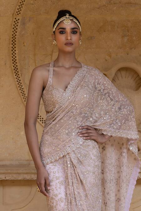 Arpita Mehta Pink Net Embroidery, Cut Work, Beads, Layered Pre-draped Saree With Blouse Online at Aza Fashions Arpita Mehta_Pink Net Embroidery, Cut Work, Beads, Layered Pre-draped Saree With Blouse_Online_at_Aza_Fashions