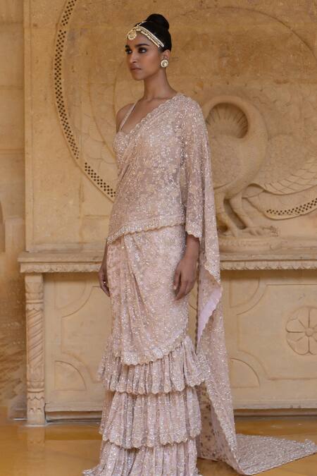 Buy Arpita Mehta Pink Net Embroidery, Cut Work, Beads, Layered Pre-draped Saree With Blouse Online at Aza Fashions Buy_Arpita Mehta_Pink Net Embroidery, Cut Work, Beads, Layered Pre-draped Saree With Blouse_Online_at_Aza_Fashions