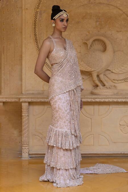 Shop Arpita Mehta Pink Net Embroidery, Cut Work, Beads, Layered Pre-draped Saree With Blouse Online at Aza Fashions Shop_Arpita Mehta_Pink Net Embroidery, Cut Work, Beads, Layered Pre-draped Saree With Blouse_Online_at_Aza_Fashions