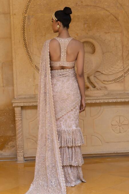 Shop Arpita Mehta Pink Net Embroidery, Cut Work, Beads, Layered Pre-draped Saree With Blouse at Aza Fashions Shop_Arpita Mehta_Pink Net Embroidery, Cut Work, Beads, Layered Pre-draped Saree With Blouse_at_Aza_Fashions