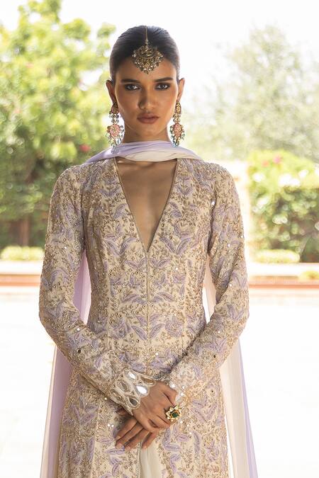 Arpita Mehta Ivory Georgette Cut Work, Mirrors, Embroidery Plunge Thread Kurta Sharara Set Online at Aza Fashions Arpita Mehta_Ivory Georgette Cut Work, Mirrors, Embroidery Plunge Thread Kurta Sharara Set_Online_at_Aza_Fashions