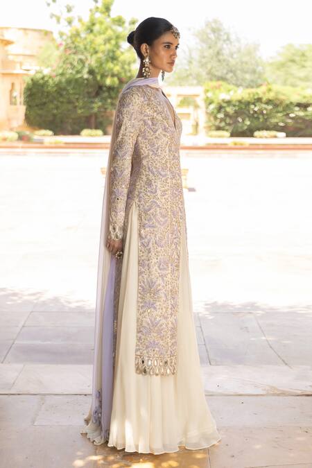 Shop_Arpita Mehta_Ivory Georgette Cut Work, Mirrors, Embroidery Plunge Thread Kurta Sharara Set_Online_at_Aza_Fashions