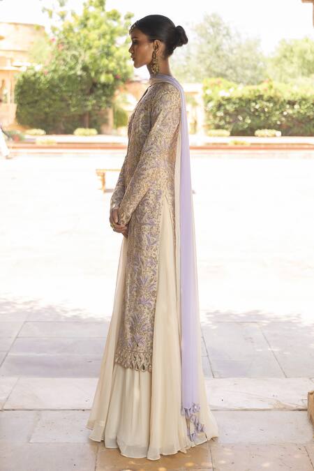 Arpita Mehta_Ivory Georgette Cut Work, Mirrors, Embroidery Plunge Thread Kurta Sharara Set_at_Aza_Fashions