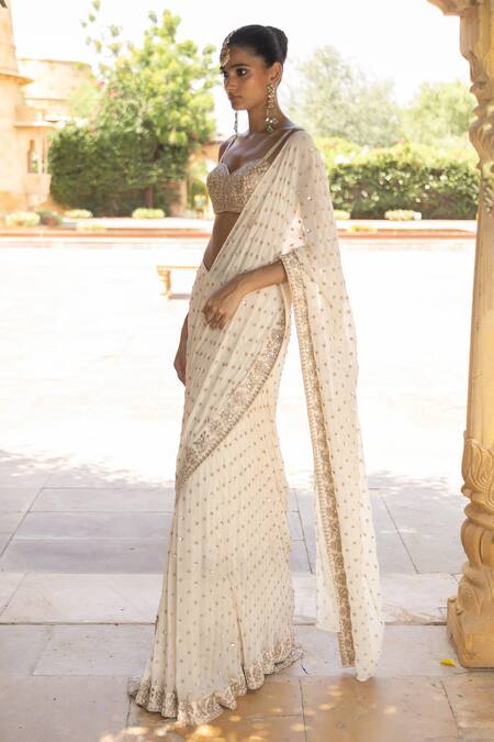 Shop_Arpita Mehta_Ivory Net, Georgette Sequins Sweetheart Embroidered Pre-draped Saree With Blouse_Online_at_Aza_Fashions