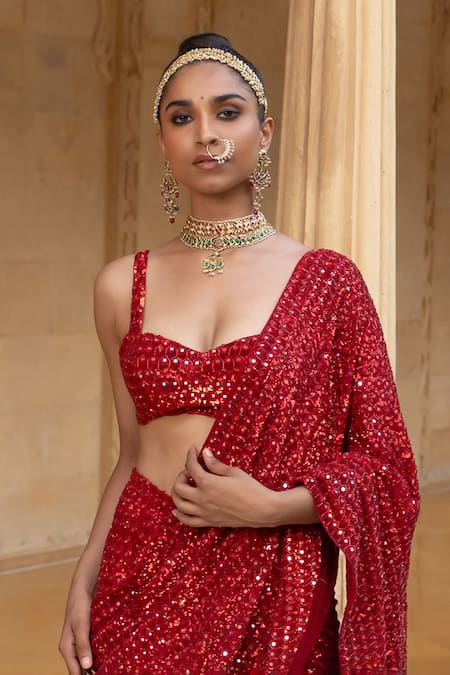 Arpita Mehta_Red Georgette Mirrors, Sequins, Cutdana Embroidered Pre-draped Saree With Blouse_Online_at_Aza_Fashions