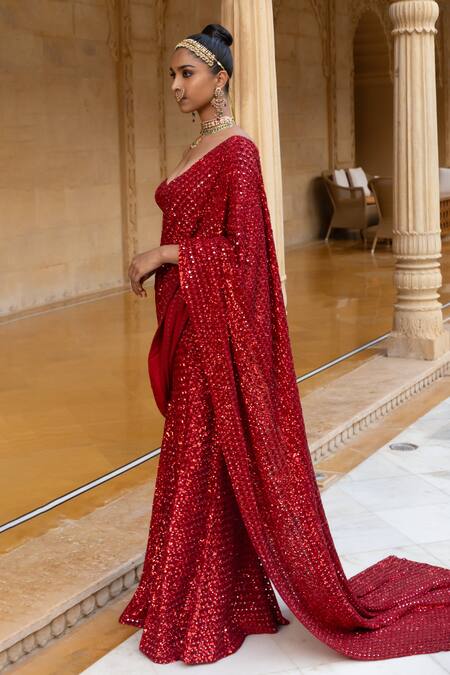 Buy_Arpita Mehta_Red Georgette Mirrors, Sequins, Cutdana Embroidered Pre-draped Saree With Blouse_Online_at_Aza_Fashions