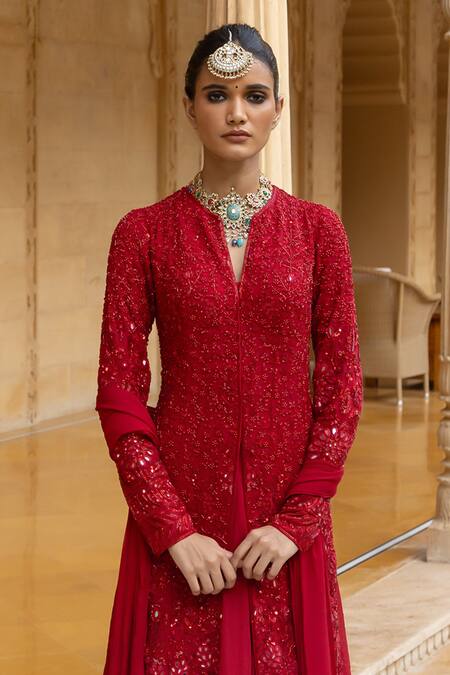 Arpita Mehta Red Georgette Sequins, Cut Work, Mirrors Mandarin Embroidered Kurta Sharara Set Online at Aza Fashions Arpita Mehta_Red Georgette Sequins, Cut Work, Mirrors Mandarin Embroidered Kurta Sharara Set_Online_at_Aza_Fashions