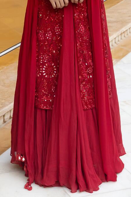 Buy Arpita Mehta Red Georgette Sequins, Cut Work, Mirrors Mandarin Embroidered Kurta Sharara Set Online at Aza Fashions Buy_Arpita Mehta_Red Georgette Sequins, Cut Work, Mirrors Mandarin Embroidered Kurta Sharara Set_Online_at_Aza_Fashions