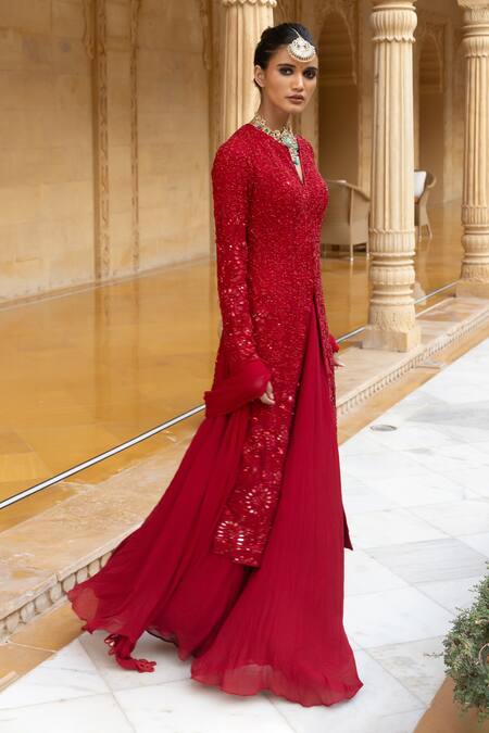 Shop Arpita Mehta Red Georgette Sequins, Cut Work, Mirrors Mandarin Embroidered Kurta Sharara Set Online at Aza Fashions Shop_Arpita Mehta_Red Georgette Sequins, Cut Work, Mirrors Mandarin Embroidered Kurta Sharara Set_Online_at_Aza_Fashions