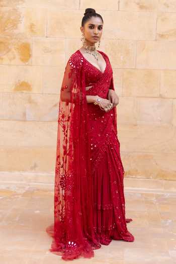 Arpita Mehta Red Embroidered Skirt Saree With Blouse 