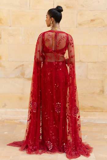 Arpita Mehta Red Embroidered Skirt Saree With Blouse 