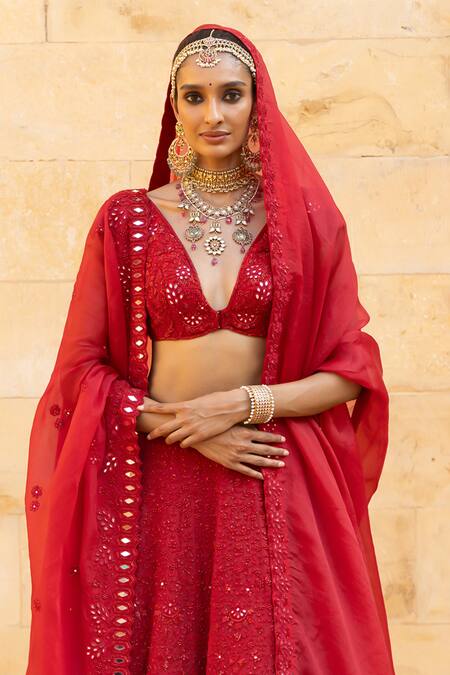 Arpita Mehta_Red Silk, Organza Mirrors, Beads, Cut Botanical Embroidered Bridal Lehenga Set_Online_at_Aza_Fashions
