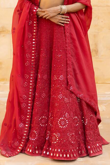 Buy_Arpita Mehta_Red Silk, Organza Mirrors, Beads, Cut Botanical Embroidered Bridal Lehenga Set_Online_at_Aza_Fashions
