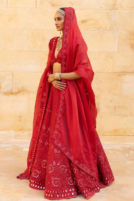 Shop_Arpita Mehta_Red Silk, Organza Mirrors, Beads, Cut Botanical Embroidered Bridal Lehenga Set_Online_at_Aza_Fashions