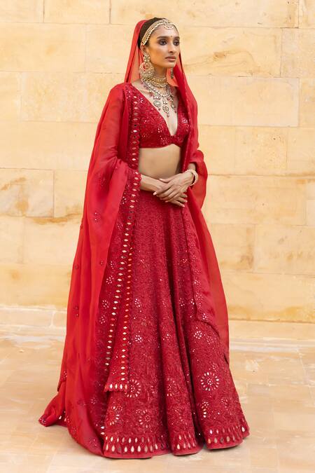 Arpita Mehta_Red Silk, Organza Mirrors, Beads, Cut Botanical Embroidered Bridal Lehenga Set_at_Aza_Fashions