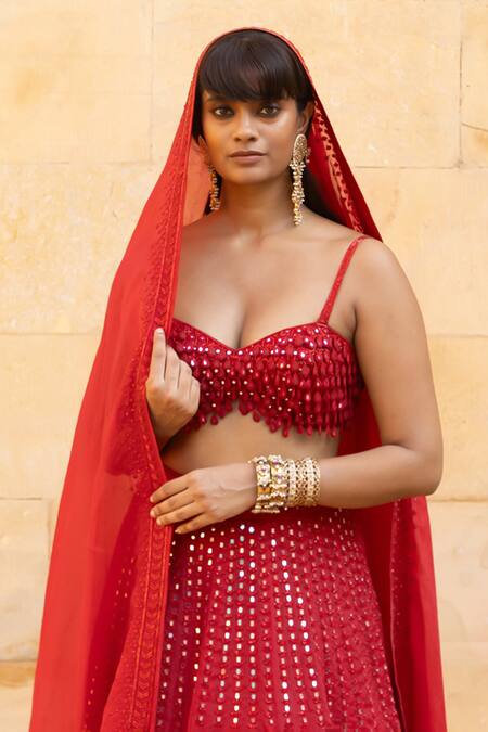 Arpita Mehta_Red Net, Organza Beads, Mirrors Sweetheart Neck Embroidered Lehenga Set_Online_at_Aza_Fashions