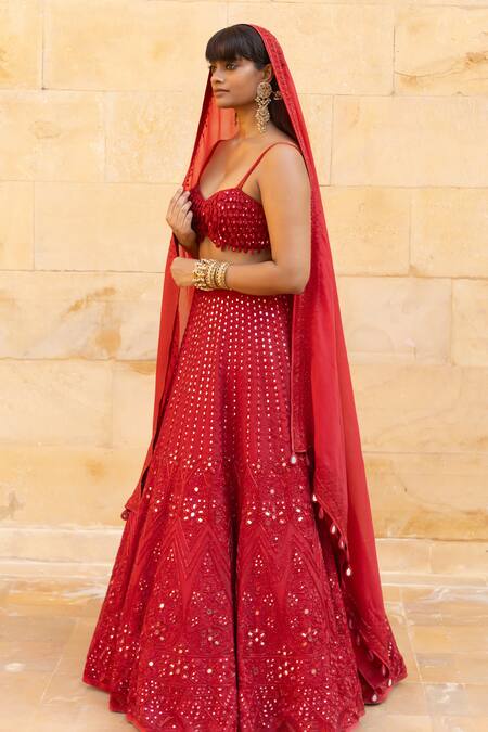 Buy_Arpita Mehta_Red Net, Organza Beads, Mirrors Sweetheart Neck Embroidered Lehenga Set_Online_at_Aza_Fashions