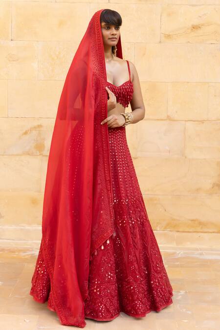 Shop_Arpita Mehta_Red Net, Organza Beads, Mirrors Sweetheart Neck Embroidered Lehenga Set_Online_at_Aza_Fashions