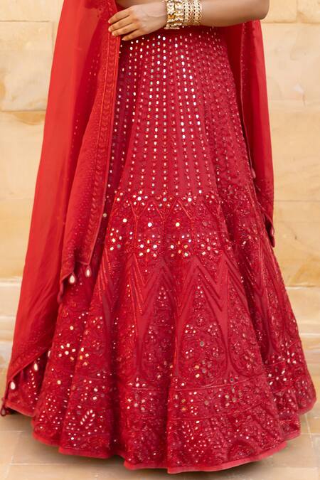 Arpita Mehta_Red Net, Organza Beads, Mirrors Sweetheart Neck Embroidered Lehenga Set_at_Aza_Fashions