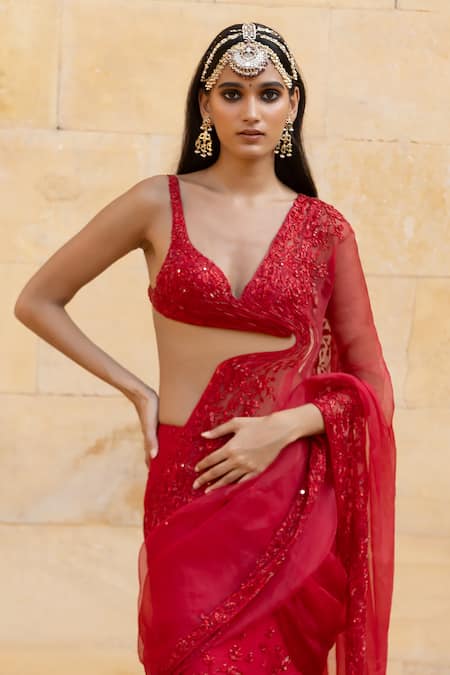 Arpita Mehta Solid Ruffle Saree With Blouse | Red, Sleeveless, Georgette, V  Neck, Sleeveless | Ruffle saree, Blouses for women, Aza fashion