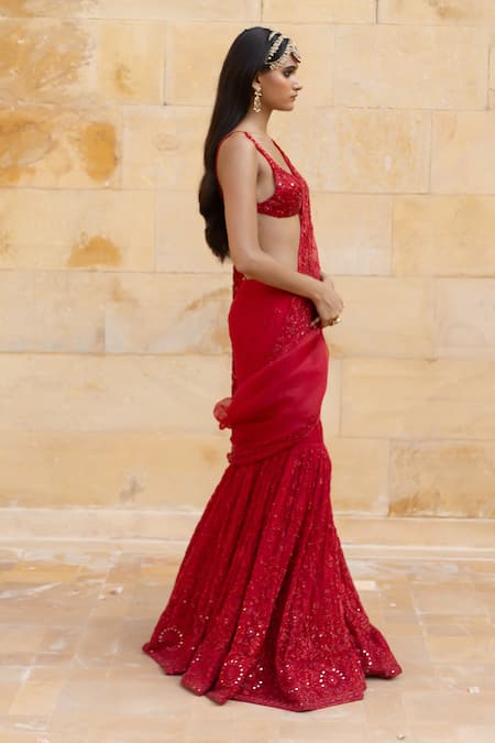 Buy_Arpita Mehta_Red Net, Organza Embroidery, Cut Work, Sequin Pre-draped Saree With Blouse_Online_at_Aza_Fashions