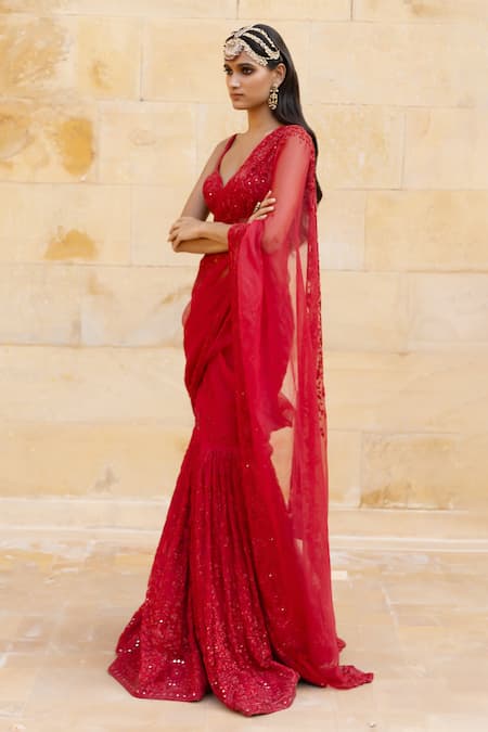 Shop_Arpita Mehta_Red Net, Organza Embroidery, Cut Work, Sequin Pre-draped Saree With Blouse_Online_at_Aza_Fashions