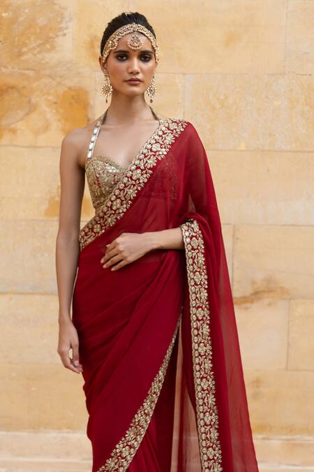 Arpita Mehta_Red Georgette, Net Mirrors, Cut Scallop Border Embroidered Saree With Blouse_Online_at_Aza_Fashions