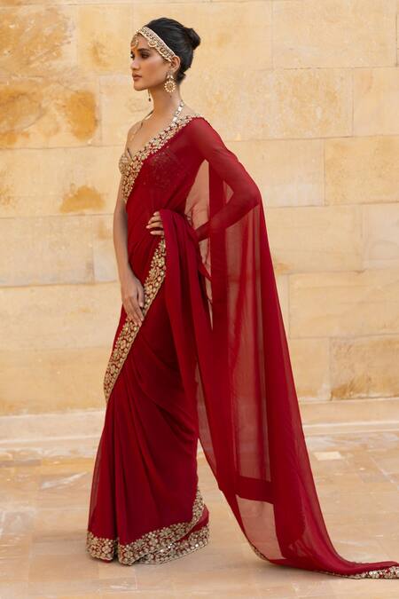 Buy_Arpita Mehta_Red Georgette, Net Mirrors, Cut Scallop Border Embroidered Saree With Blouse_Online_at_Aza_Fashions