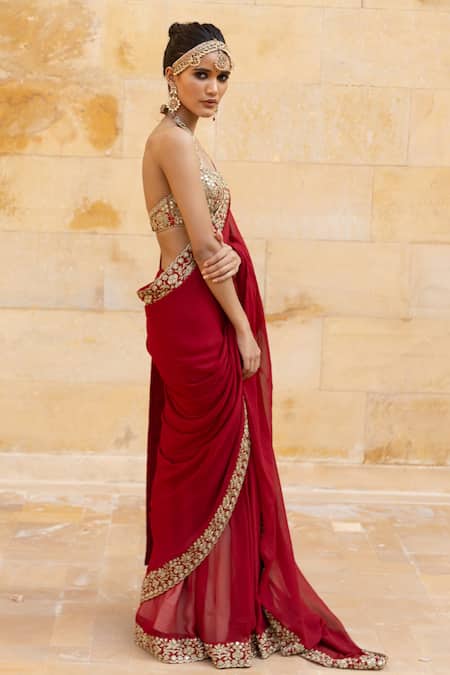 Shop_Arpita Mehta_Red Georgette, Net Mirrors, Cut Scallop Border Embroidered Saree With Blouse_Online_at_Aza_Fashions