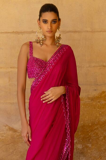 Arpita Mehta Pink Georgette Sequins, Cut Work, Mirrors Border Embellished Saree With Blouse Online at Aza Fashions Arpita Mehta_Pink Georgette Sequins, Cut Work, Mirrors Border Embellished Saree With Blouse_Online_at_Aza_Fashions