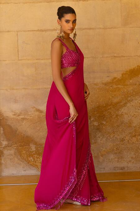Buy_Arpita Mehta_Pink Georgette Sequins, Cut Work, Mirrors Border Embellished Saree With Blouse_Online_at_Aza_Fashions