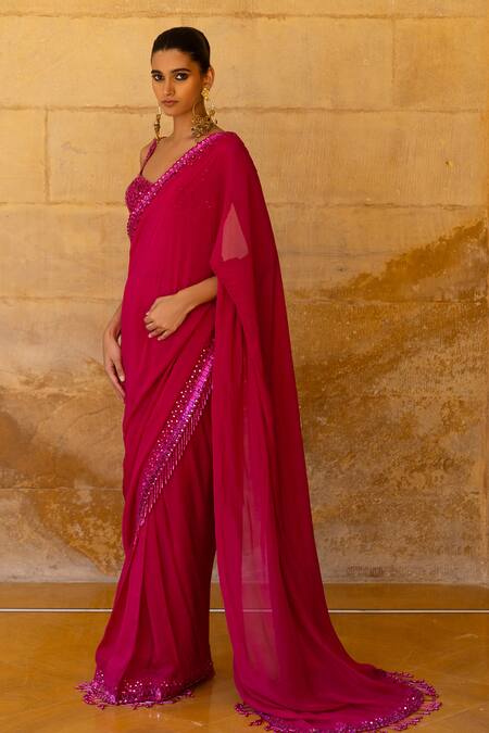 Shop_Arpita Mehta_Pink Georgette Sequins, Cut Work, Mirrors Border Embellished Saree With Blouse_Online_at_Aza_Fashions