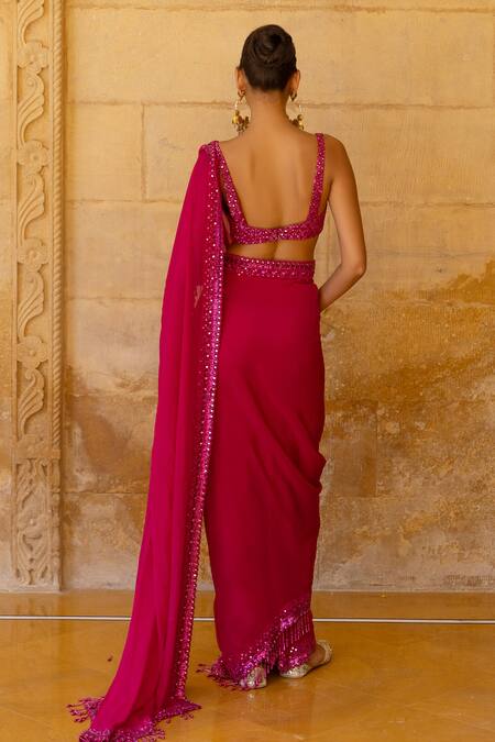 Shop_Arpita Mehta_Pink Georgette Sequins, Cut Work, Mirrors Border Embellished Saree With Blouse_at_Aza_Fashions