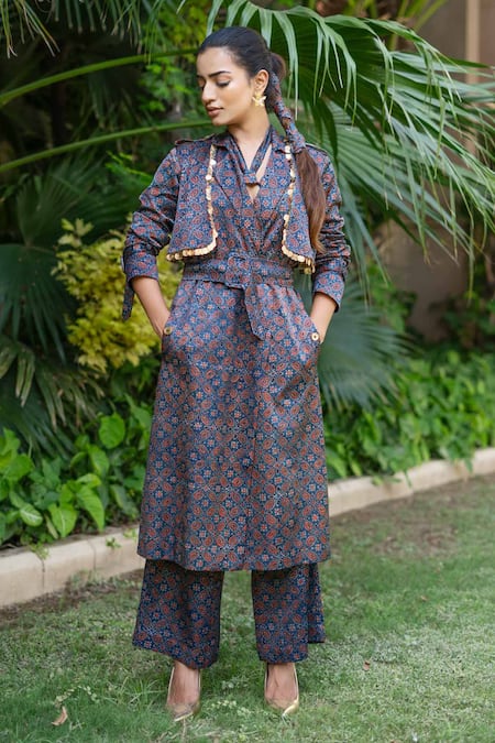 Ekavira Neelam Hand Block Print Trench Coat 