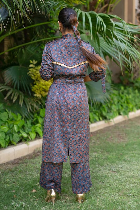 Shop_Ekavira_Blue Maheshwari, Cotton Collared Neelam Hand Block Print Trench Coat _at_Aza_Fashions
