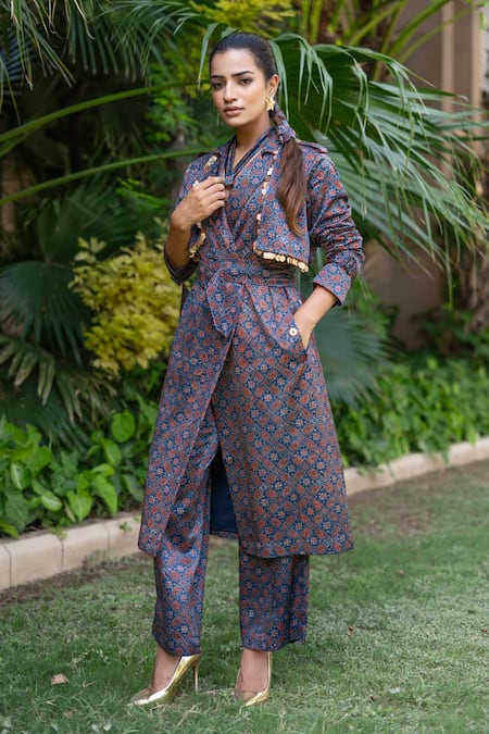 Ekavira_Blue Maheshwari, Cotton Collared Neelam Hand Block Print Trench Coat _Online_at_Aza_Fashions
