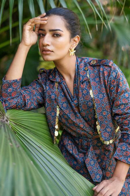 Buy_Ekavira_Blue Maheshwari, Cotton Collared Neelam Hand Block Print Trench Coat _Online_at_Aza_Fashions