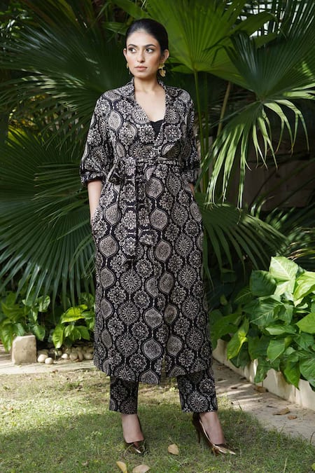 Ekavira Black Silk Embroidery Collared Surmayi Ajrakh Print Trench Coat And Pant Set 